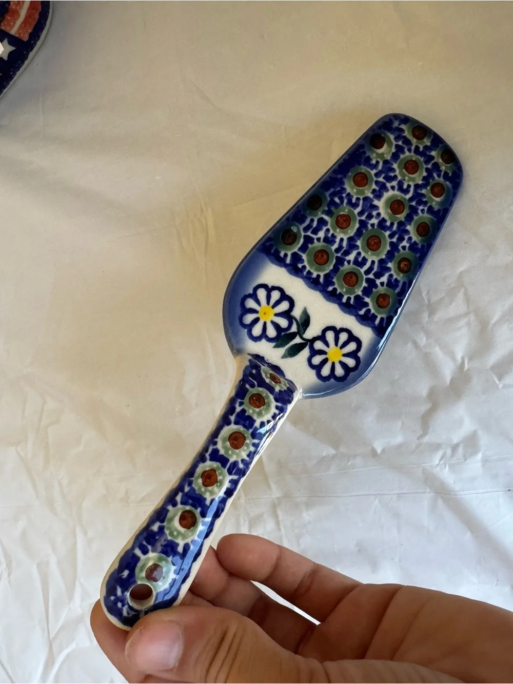Polish Pottery Floral Ceramic Cake Server in Blue and White